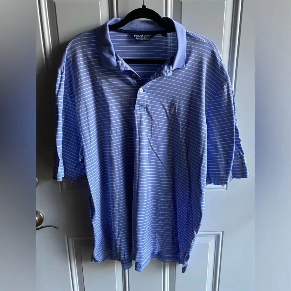 Polo Golf Ralph Lauren Shirt Mens XL Lt Blue White Striped Short Sleeve Stretch